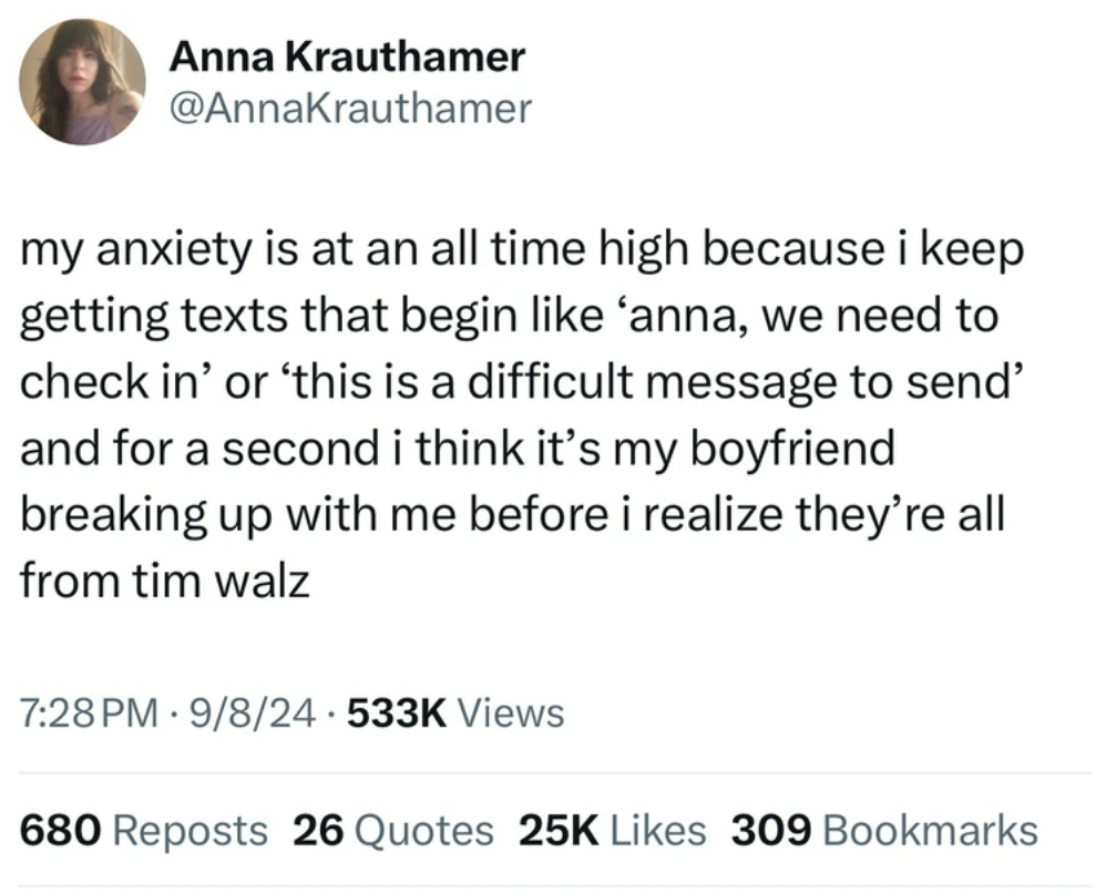 screenshot - Anna Krauthamer my anxiety is at an all time high because i keep getting texts that begin anna, we need to check in' or 'this is a difficult message to send' and for a second i think it's my boyfriend breaking up with me before i realize they